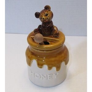 Vtg READ Japan Ceramic Honey Pot Bear Figurine Drip Glaze Jar with Wood Dipper